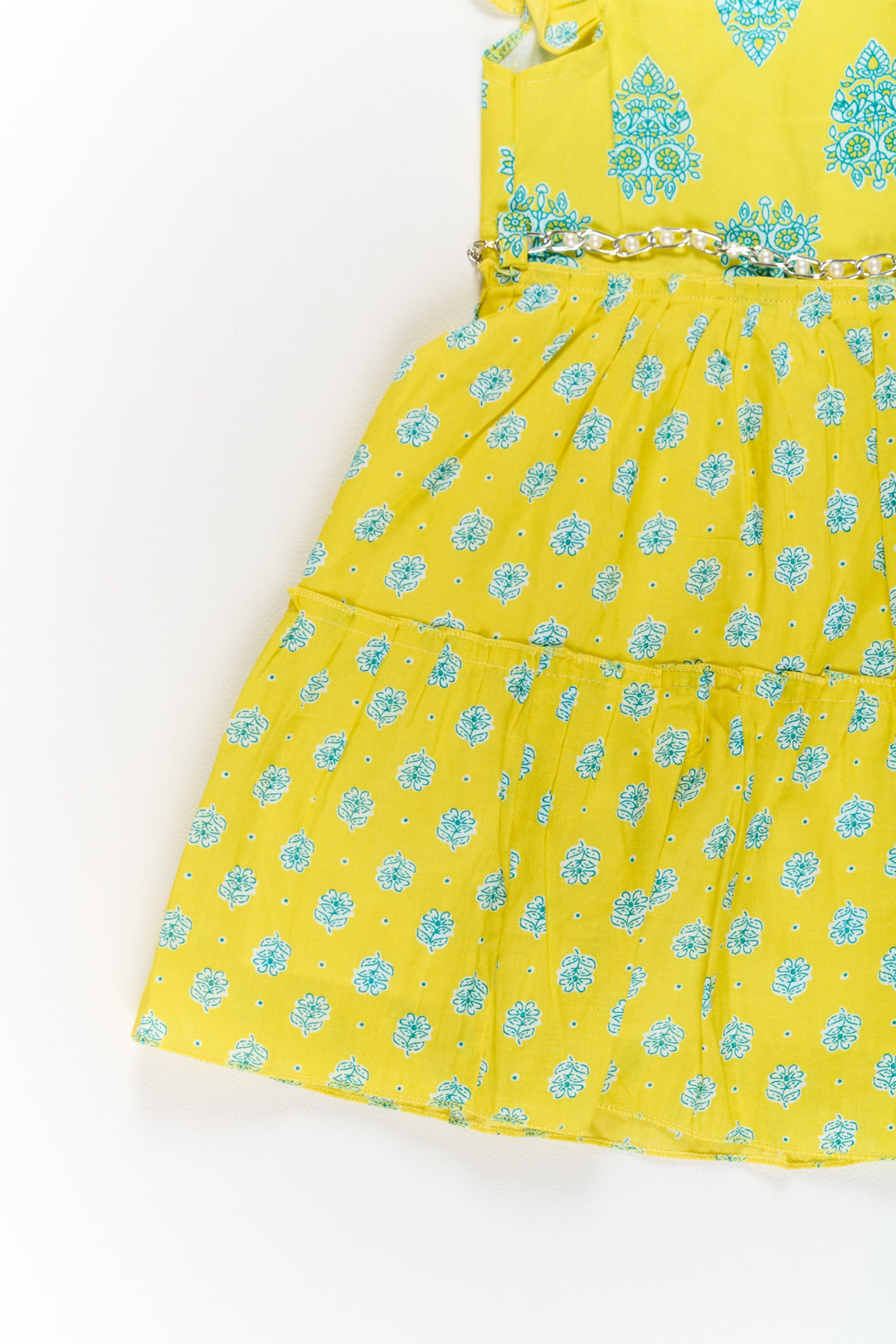 The Nesavu Girls Cotton Frock Long Frock Cotton Dress for Girls with Traditional Print and Ruffled Details Nesavu Long Frock Cotton Dress Girls Yellow Blue Traditional Prints | The Nesavu