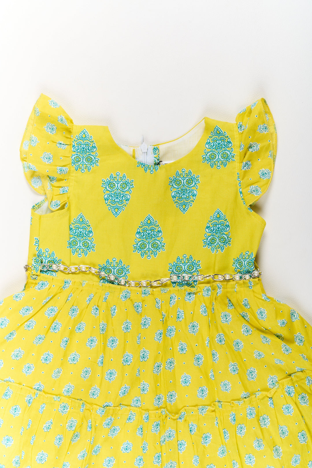 The Nesavu Girls Cotton Frock Long Frock Cotton Dress for Girls with Traditional Print and Ruffled Details Nesavu Long Frock Cotton Dress Girls Yellow Blue Traditional Prints | The Nesavu