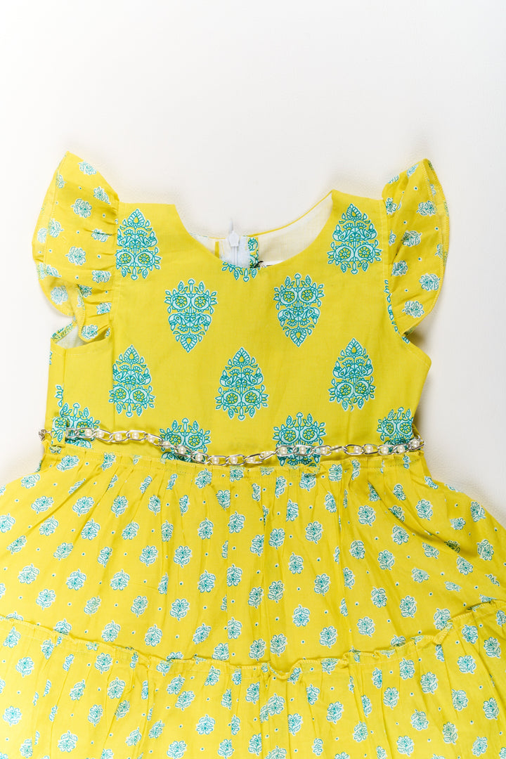 The Nesavu Girls Cotton Frock Long Frock Cotton Dress for Girls with Traditional Print and Ruffled Details Nesavu Long Frock Cotton Dress Girls Yellow Blue Traditional Prints | The Nesavu