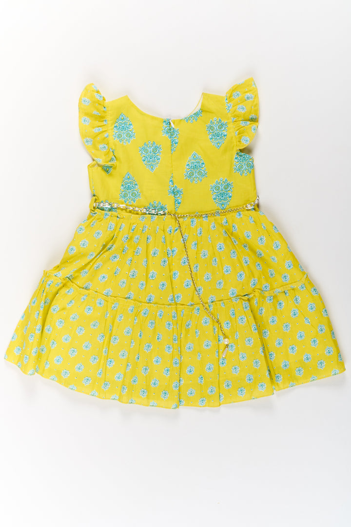 The Nesavu Girls Cotton Frock Long Frock Cotton Dress for Girls with Traditional Print and Ruffled Details Nesavu Nesavu Long Frock Cotton Dress Girls Yellow Blue Traditional Prints