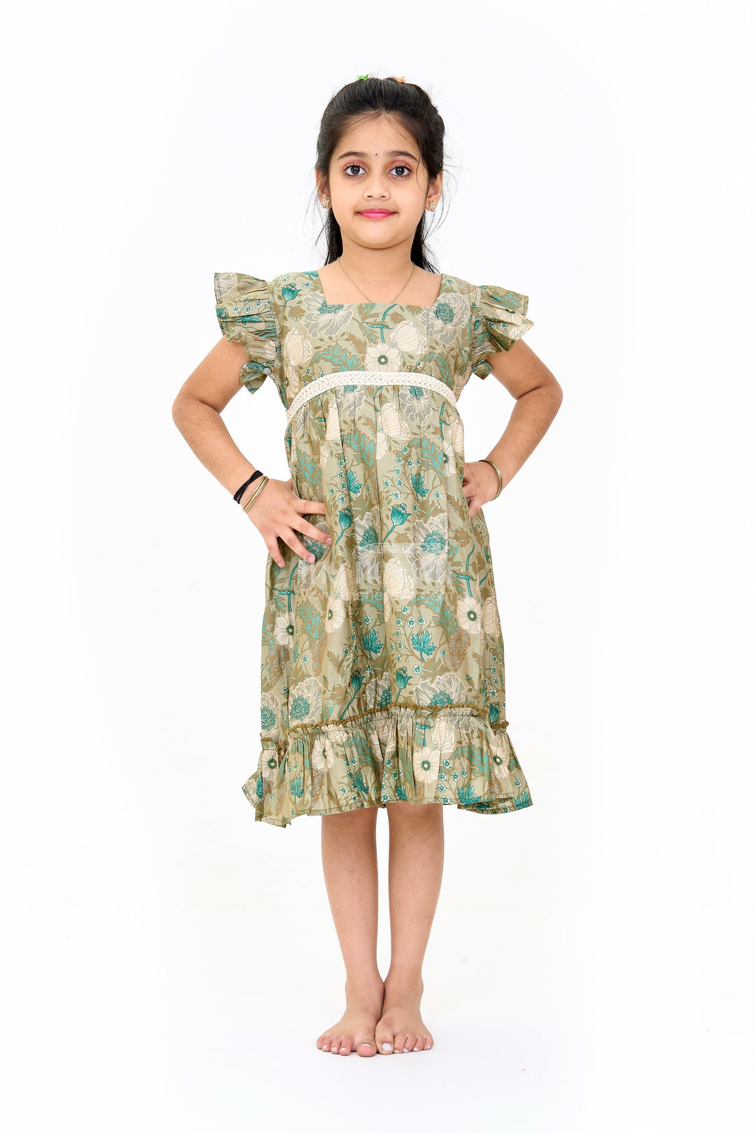 The Nesavu Girls Cotton Frock Long Frock for Girls in Green Floral Design with Lace Waist and Ruffle Hem Nesavu 16 (1Y) / Green GFC1590A-16 Long Green Floral Frock Girls Ruffle Hem Lace Waist | The Nesavu