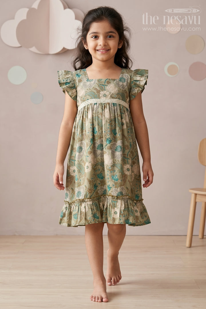 The Nesavu Girls Cotton Frock Long Frock for Girls in Green Floral Design with Lace Waist and Ruffle Hem Nesavu 16 (1Y) / Green GFC1590A-16 Long Green Floral Frock Girls Ruffle Hem Lace Waist | The Nesavu