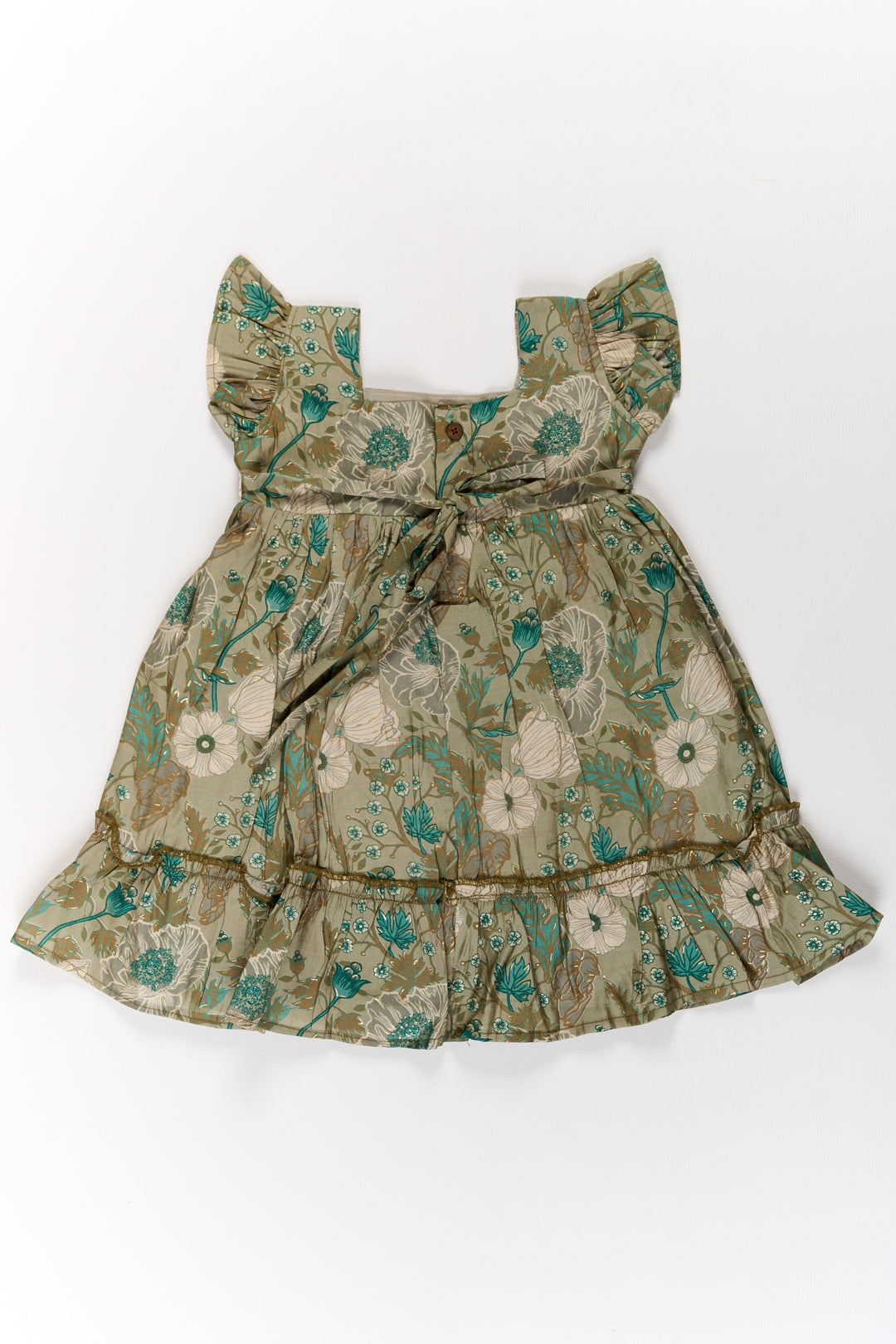 The Nesavu Girls Cotton Frock Long Frock for Girls in Green Floral Design with Lace Waist and Ruffle Hem Nesavu Long Green Floral Frock Girls Ruffle Hem Lace Waist | The Nesavu