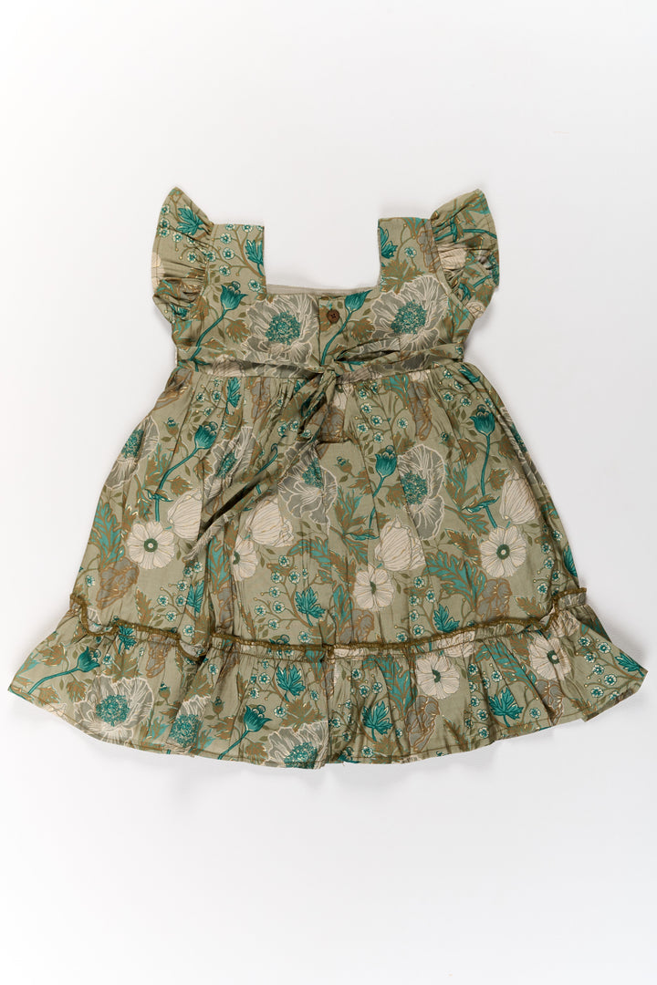 The Nesavu Girls Cotton Frock Long Frock for Girls in Green Floral Design with Lace Waist and Ruffle Hem Nesavu Long Green Floral Frock Girls Ruffle Hem Lace Waist | The Nesavu