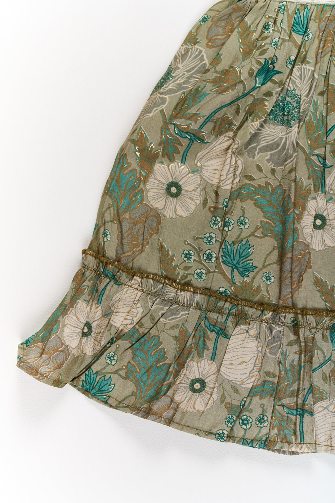 The Nesavu Girls Cotton Frock Long Frock for Girls in Green Floral Design with Lace Waist and Ruffle Hem Nesavu Long Green Floral Frock Girls Ruffle Hem Lace Waist | The Nesavu