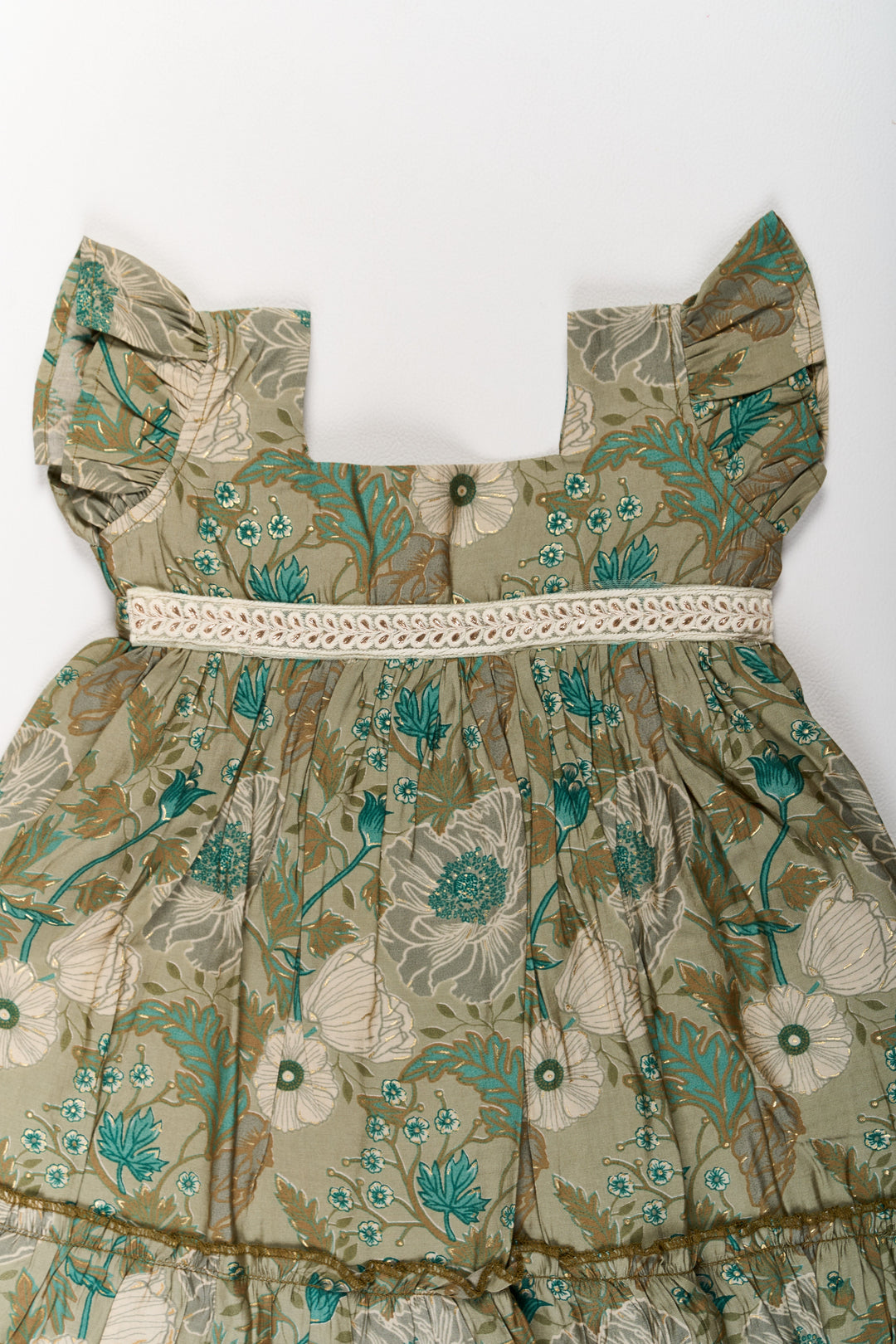 The Nesavu Girls Cotton Frock Long Frock for Girls in Green Floral Design with Lace Waist and Ruffle Hem Nesavu Long Green Floral Frock Girls Ruffle Hem Lace Waist | The Nesavu