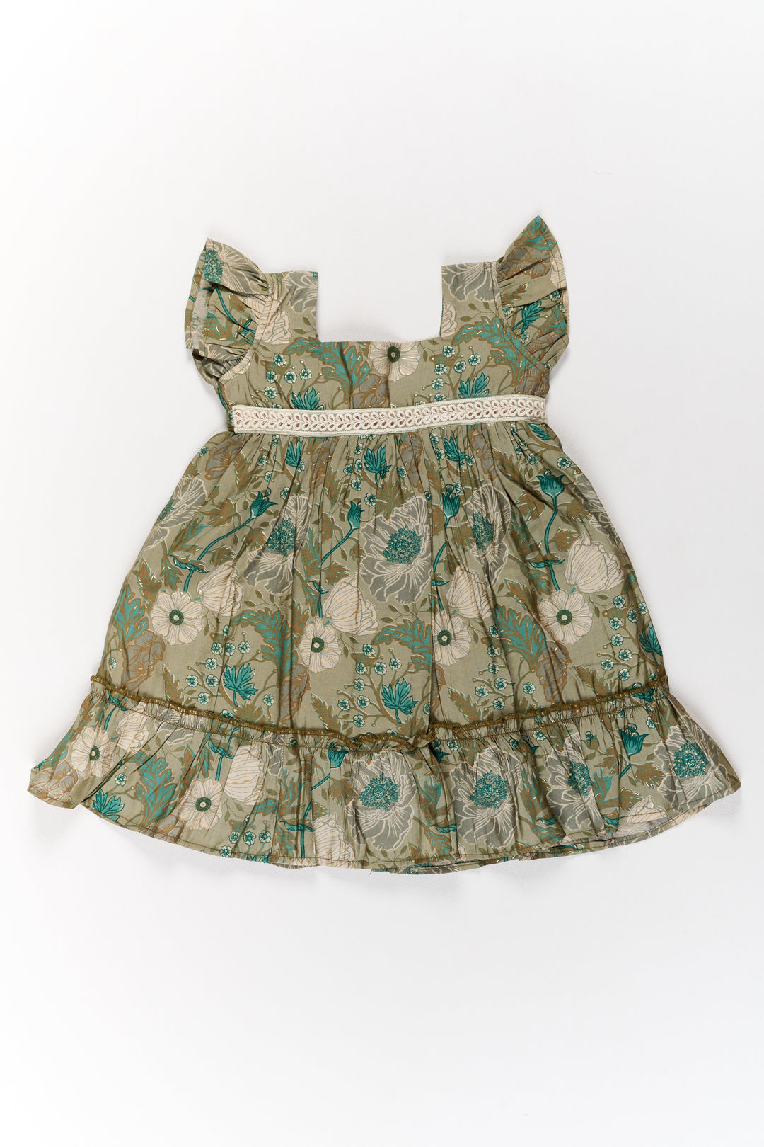 The Nesavu Girls Cotton Frock Long Frock for Girls in Green Floral Design with Lace Waist and Ruffle Hem Nesavu Long Green Floral Frock Girls Ruffle Hem Lace Waist | The Nesavu