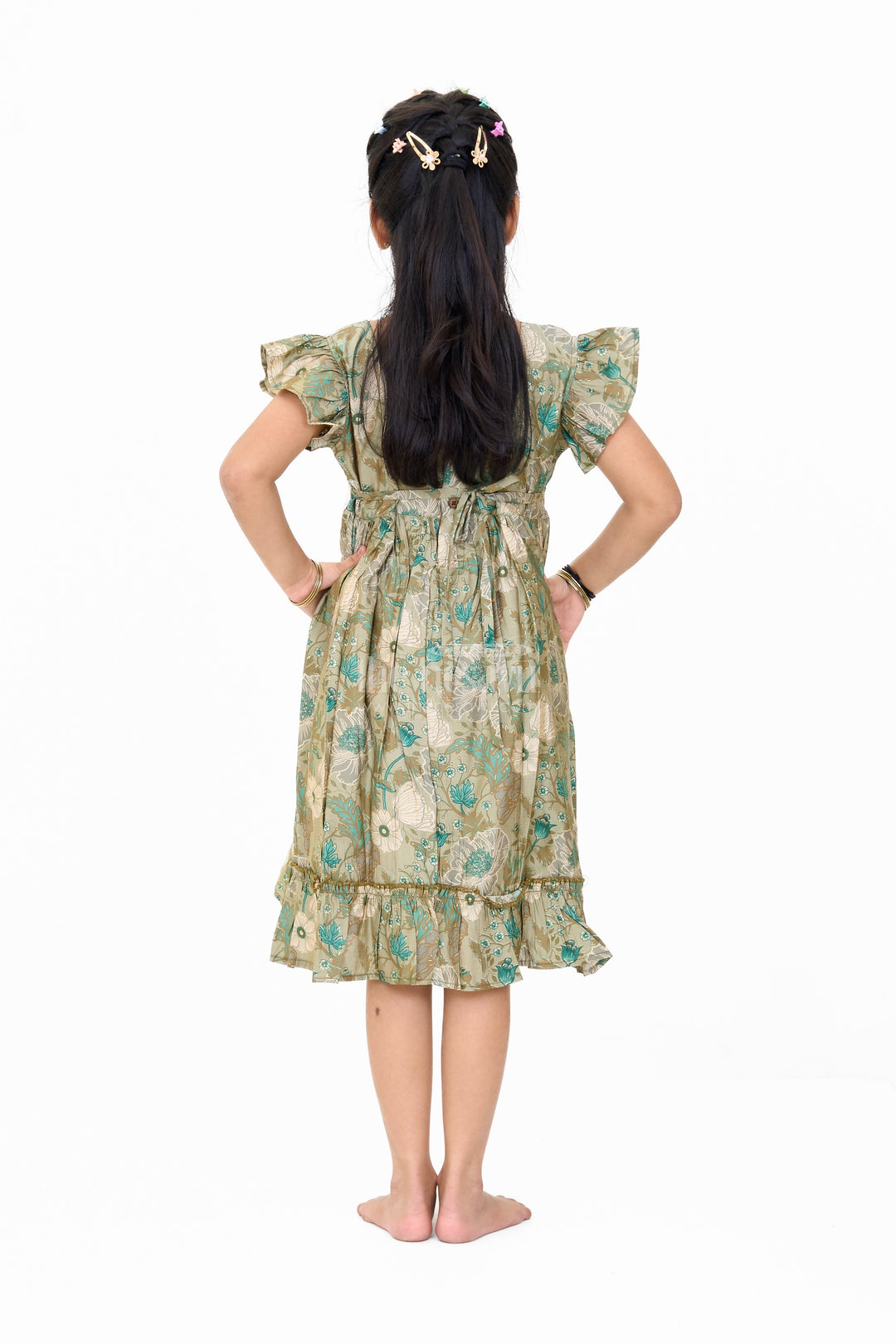 The Nesavu Girls Cotton Frock Long Frock for Girls in Green Floral Design with Lace Waist and Ruffle Hem Nesavu Long Green Floral Frock Girls Ruffle Hem Lace Waist | The Nesavu