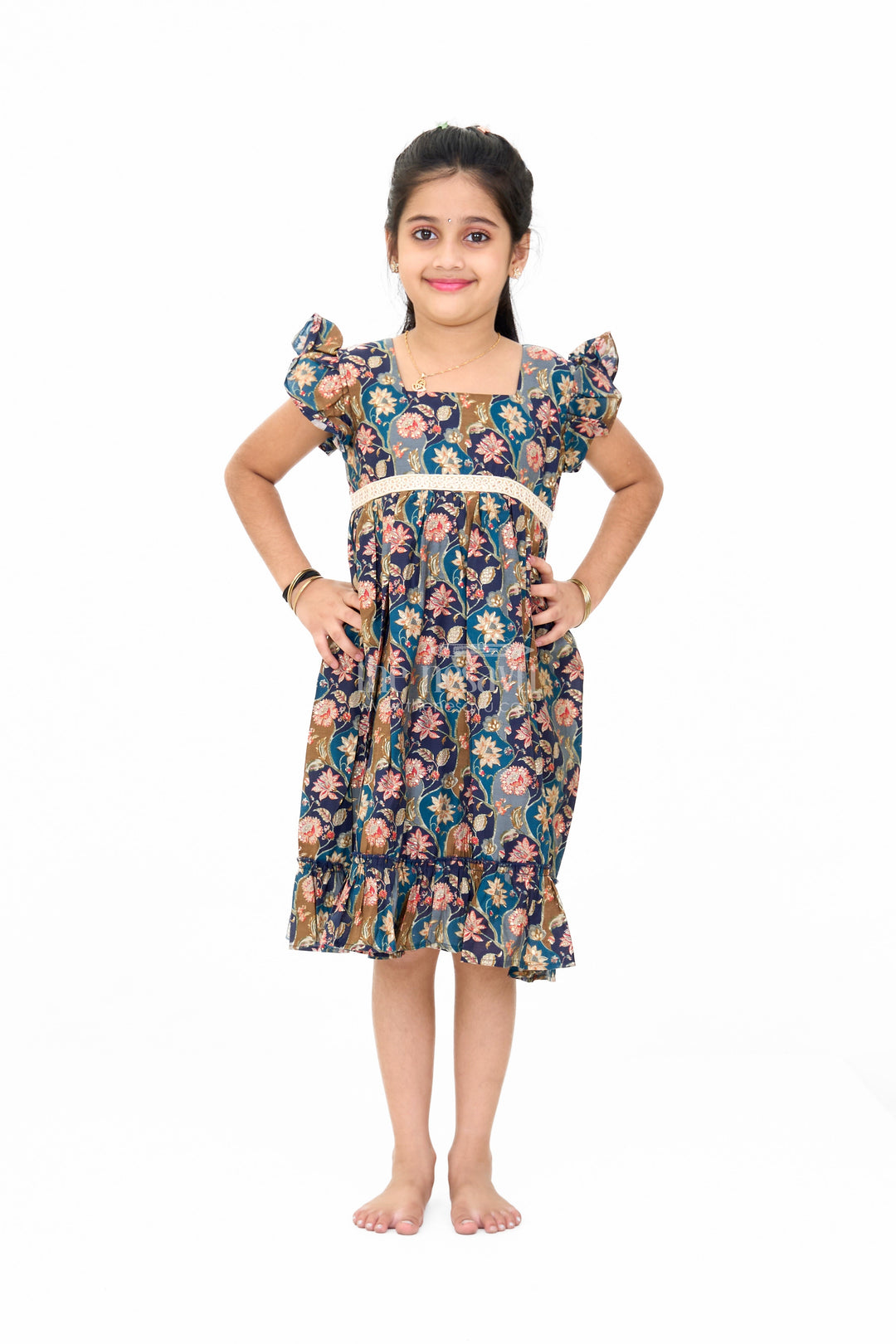 The Nesavu Girls Cotton Frock Long Party Wear Gown for Girls with Elegant Black Floral Print and Ruffle Details Nesavu 16 (1Y) / Multicolor GFC1589B-16 Long Party Wear Gown Girls Black Floral Print Ruffles | The Nesavu