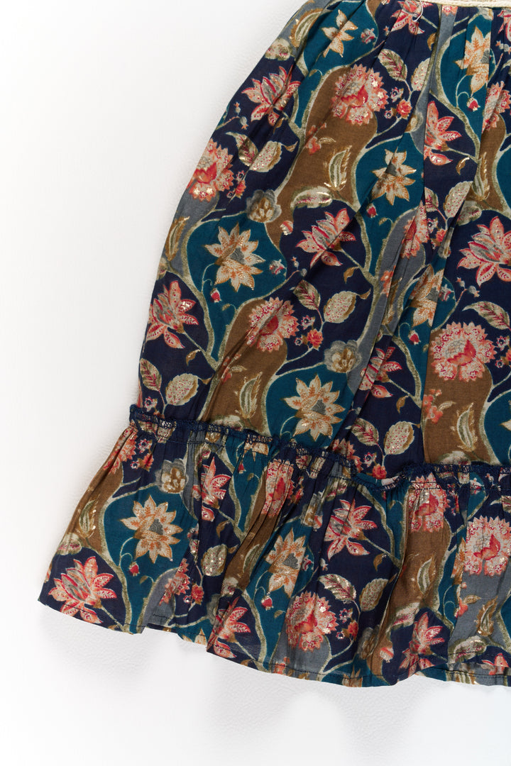 The Nesavu Girls Cotton Frock Long Party Wear Gown for Girls with Elegant Black Floral Print and Ruffle Details Nesavu Long Party Wear Gown Girls Black Floral Print Ruffles | The Nesavu