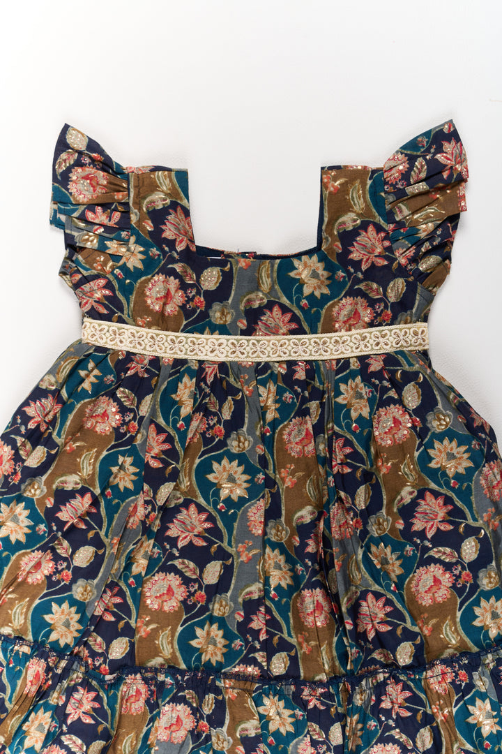 The Nesavu Girls Cotton Frock Long Party Wear Gown for Girls with Elegant Black Floral Print and Ruffle Details Nesavu Long Party Wear Gown Girls Black Floral Print Ruffles | The Nesavu