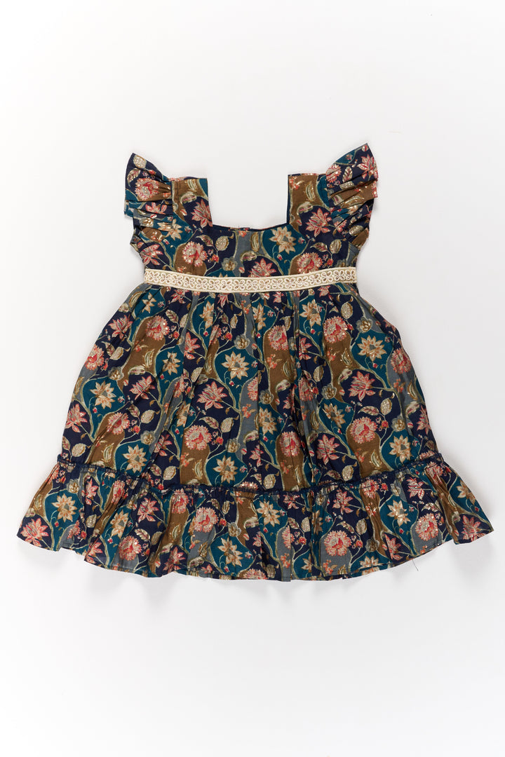 The Nesavu Girls Cotton Frock Long Party Wear Gown for Girls with Elegant Black Floral Print and Ruffle Details Nesavu Long Party Wear Gown Girls Black Floral Print Ruffles | The Nesavu