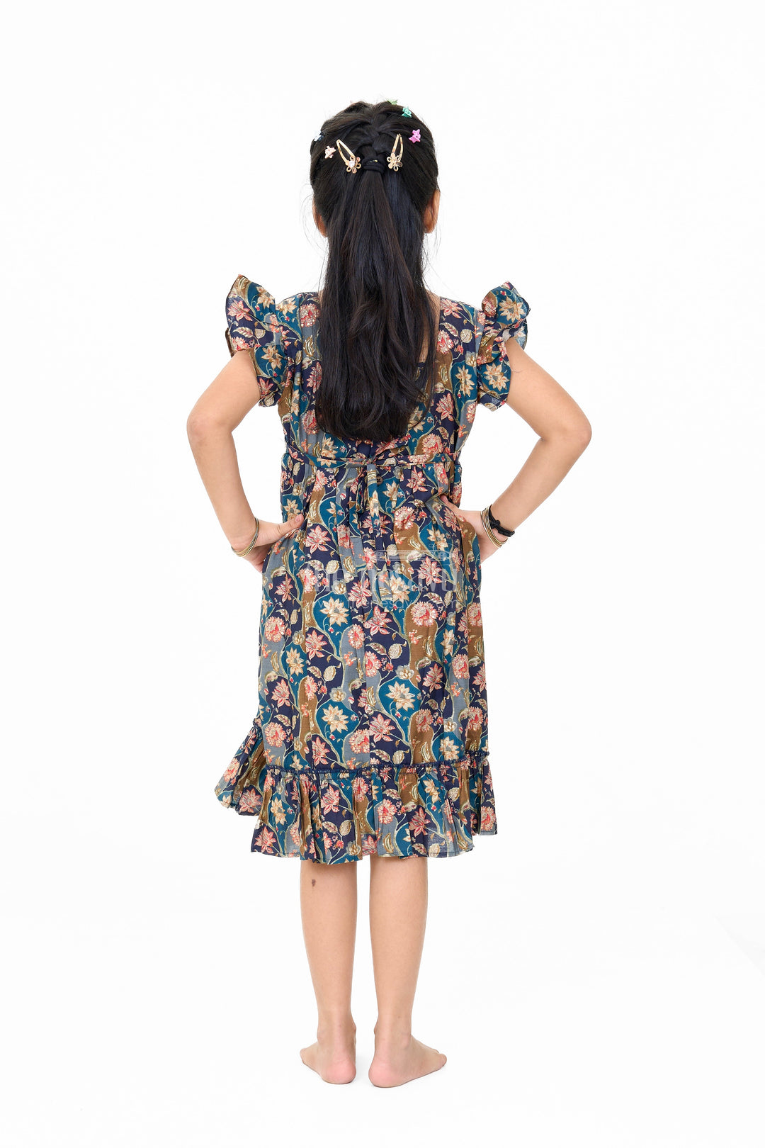 The Nesavu Girls Cotton Frock Long Party Wear Gown for Girls with Elegant Black Floral Print and Ruffle Details Nesavu Long Party Wear Gown Girls Black Floral Print Ruffles | The Nesavu