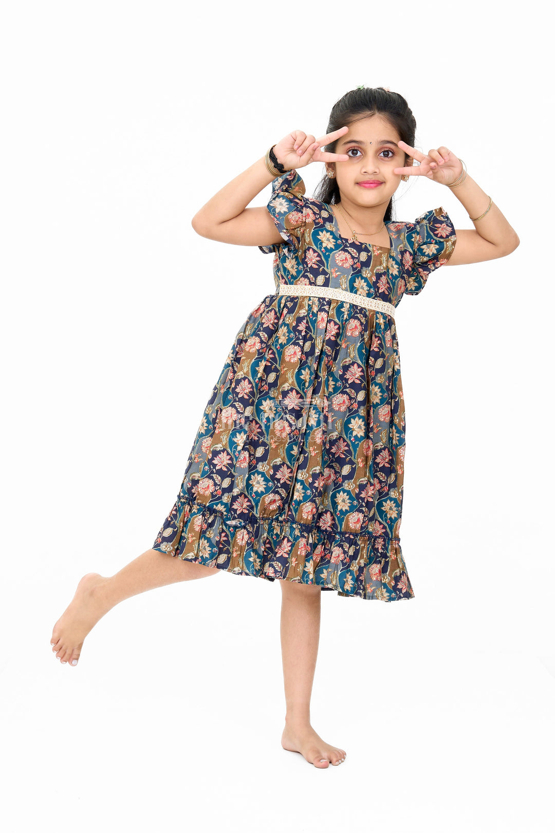 The Nesavu Girls Cotton Frock Long Party Wear Gown for Girls with Elegant Black Floral Print and Ruffle Details Nesavu Long Party Wear Gown Girls Black Floral Print Ruffles | The Nesavu