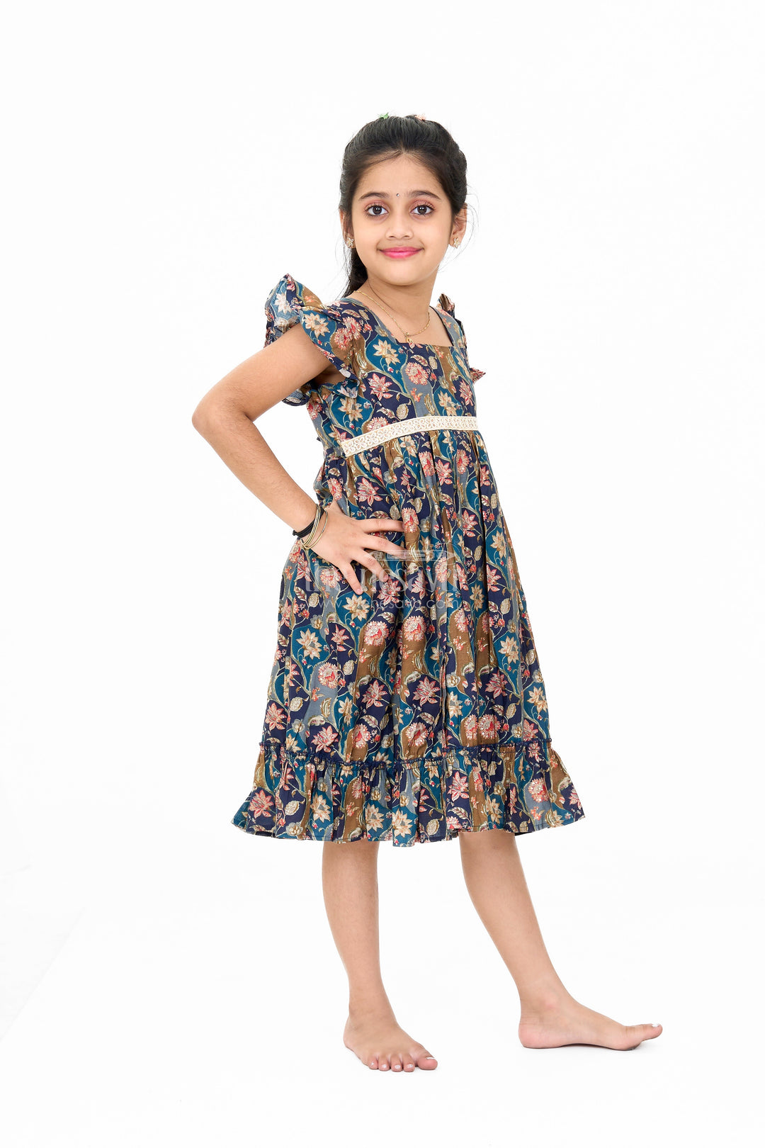 The Nesavu Girls Cotton Frock Long Party Wear Gown for Girls with Elegant Black Floral Print and Ruffle Details Nesavu Long Party Wear Gown Girls Black Floral Print Ruffles | The Nesavu