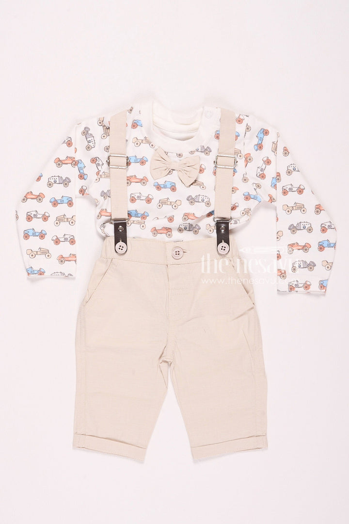 The Nesavu Baby Rompers/Onesies Long Sleeve Car Print Suspender Baby Boy Outfit Nesavu 10 (NB) / Beige BCS049A-10 Long Sleeve Car Print Suspender Baby Boy Outfit - Fun & Cozy