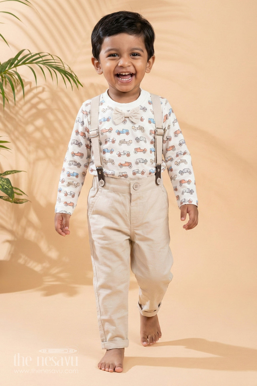 The Nesavu Baby Rompers/Onesies Long Sleeve Car Print Suspender Baby Outfit Nesavu 10 (NB) / Beige BCS049A-10 Long Sleeve Car Print Suspender Baby Baby Outfit - Fun & Cozy | The Nesavu