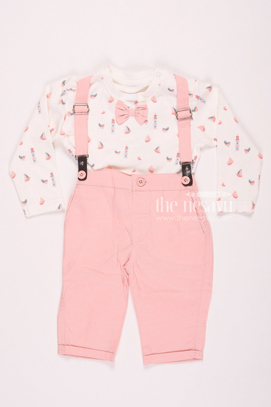 The Nesavu Baby Rompers/Onesies Long Sleeve Pink Suspender Baby Boy Romper Set Nesavu 10 (NB) / Peach BCS051A-10 Long Sleeve Pink Suspender Baby Boy Romper Set - Cute & Stylish