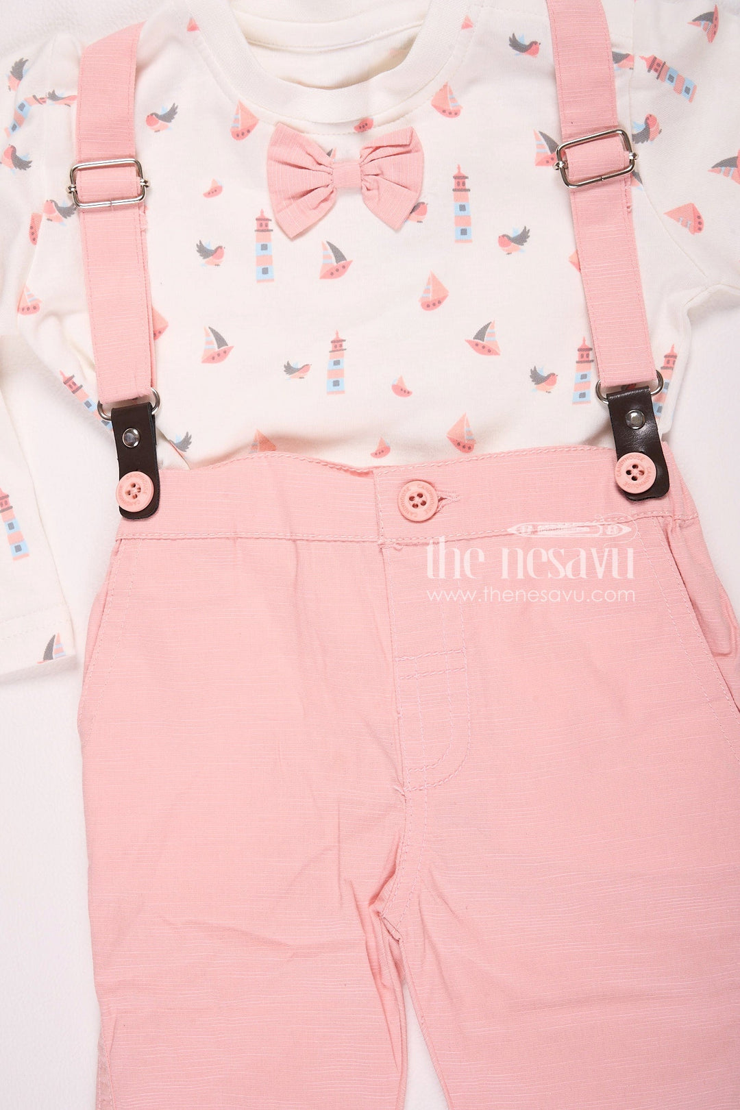 The Nesavu Baby Rompers/Onesies Long Sleeve Pink Suspender Baby Boy Romper Set Nesavu Long Sleeve Pink Suspender Baby Boy Romper Set - Cute & Stylish