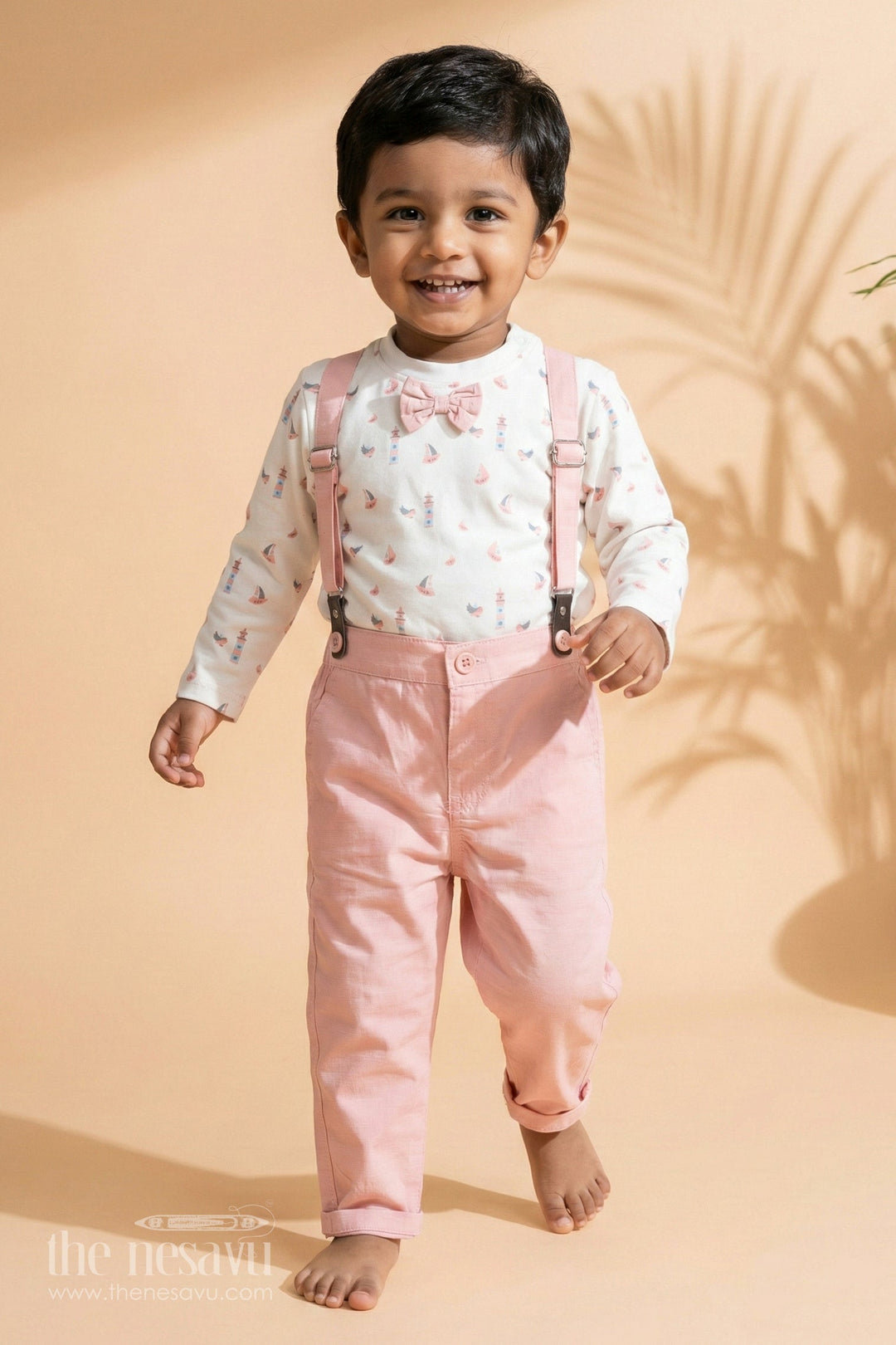 The Nesavu Baby Rompers/Onesies Long Sleeve Pink Suspender Baby Romper Set Nesavu 10 (NB) / Peach BCS051A-10 Long Sleeve Pink Suspender Baby Baby Romper Set - Cute & Stylish | The Nesavu