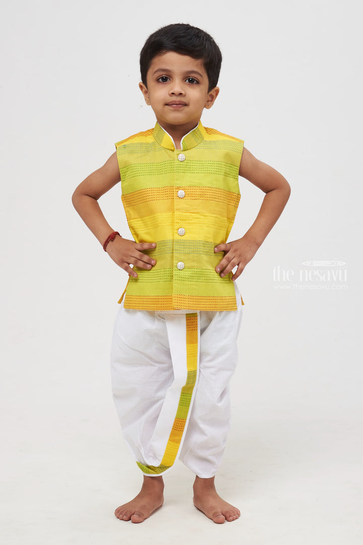 The Nesavu Boys Dothi Set Luminous Elegance: Gradient Green Striped Kurta Shirt & Panchagajam Set for Boys Nesavu 12 (3M) / Green / Modal BES406A-12 Boys Gradient Green Kurta Shirt and White Dhoti Panchagajam Set - Traditional Festive Wear