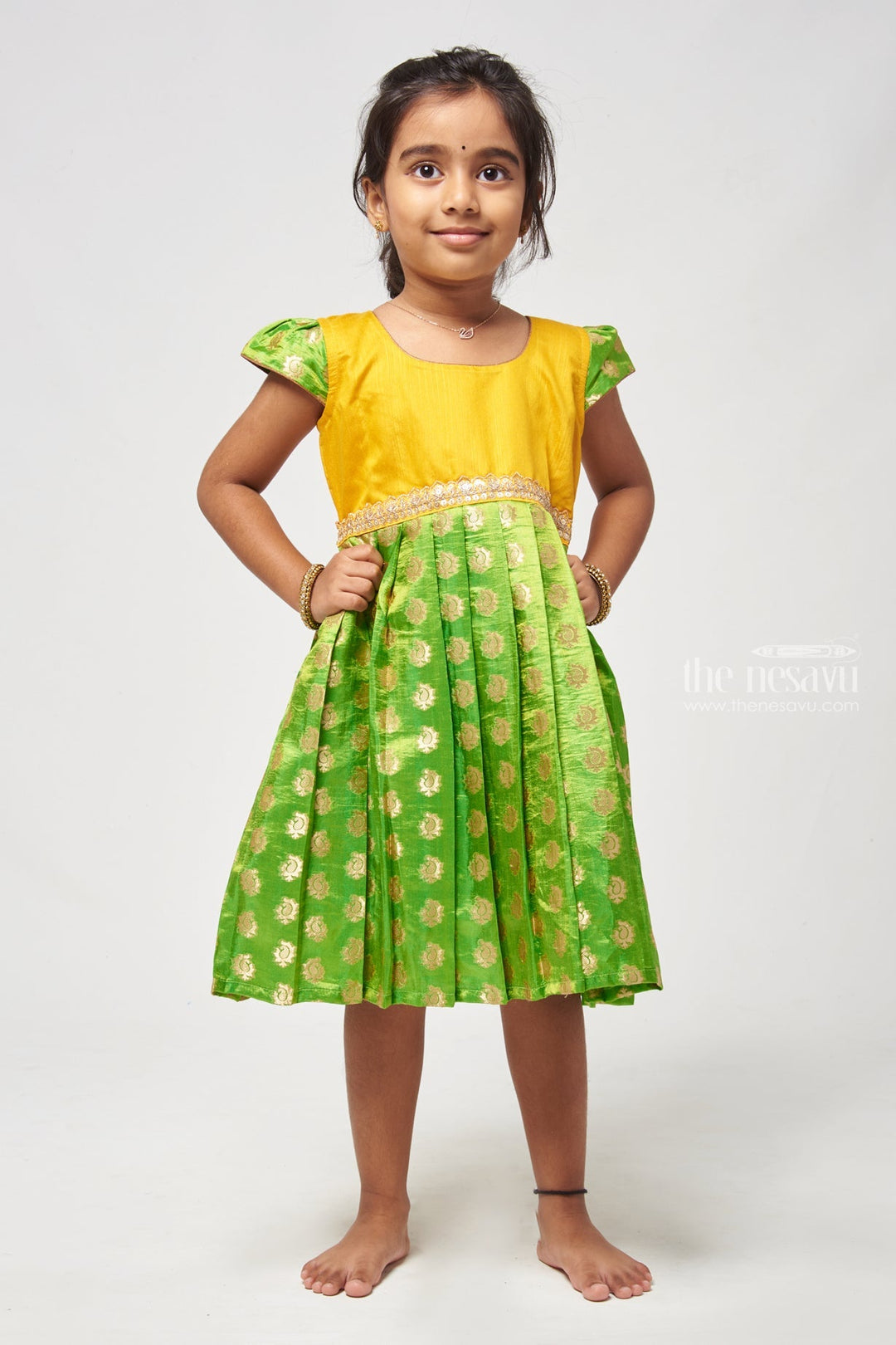 The Nesavu Silk Frock Lush Green Butta Dream Pleated Pattu Brilliance for Girls. Nesavu 16 (1Y) / Green SF561-16 Latest Green Dresigner Silk Frock For Girls | Premium Silk Frock | The Nesavu