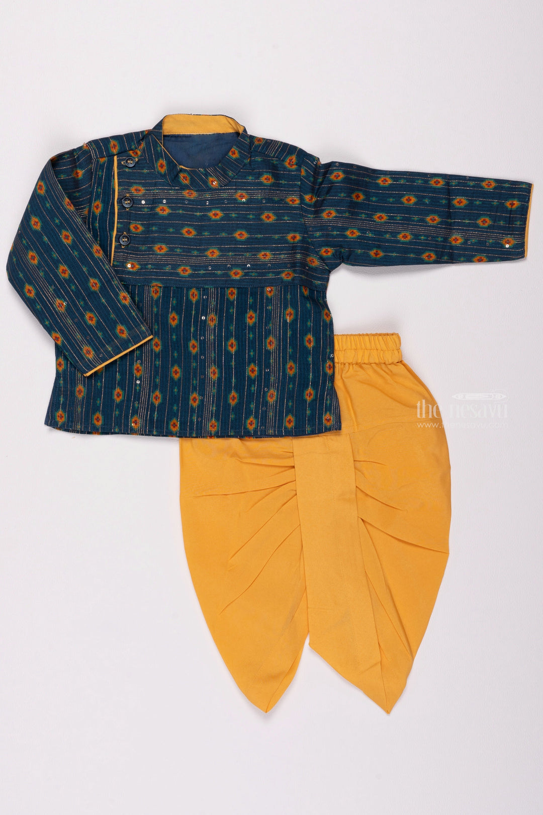 The Nesavu Boys Dothi Set Lustrous Blue Kurta: Embellished with Lurex Zari and Sequin Paired with Yellow Panchagajam Dothi Nesavu 12 (3M) / Blue / Cotton BES371A-12 Designer Boys Ethnic Outfit | Boys Ethnic Kurta and Panchagajam Set | The Nesavu