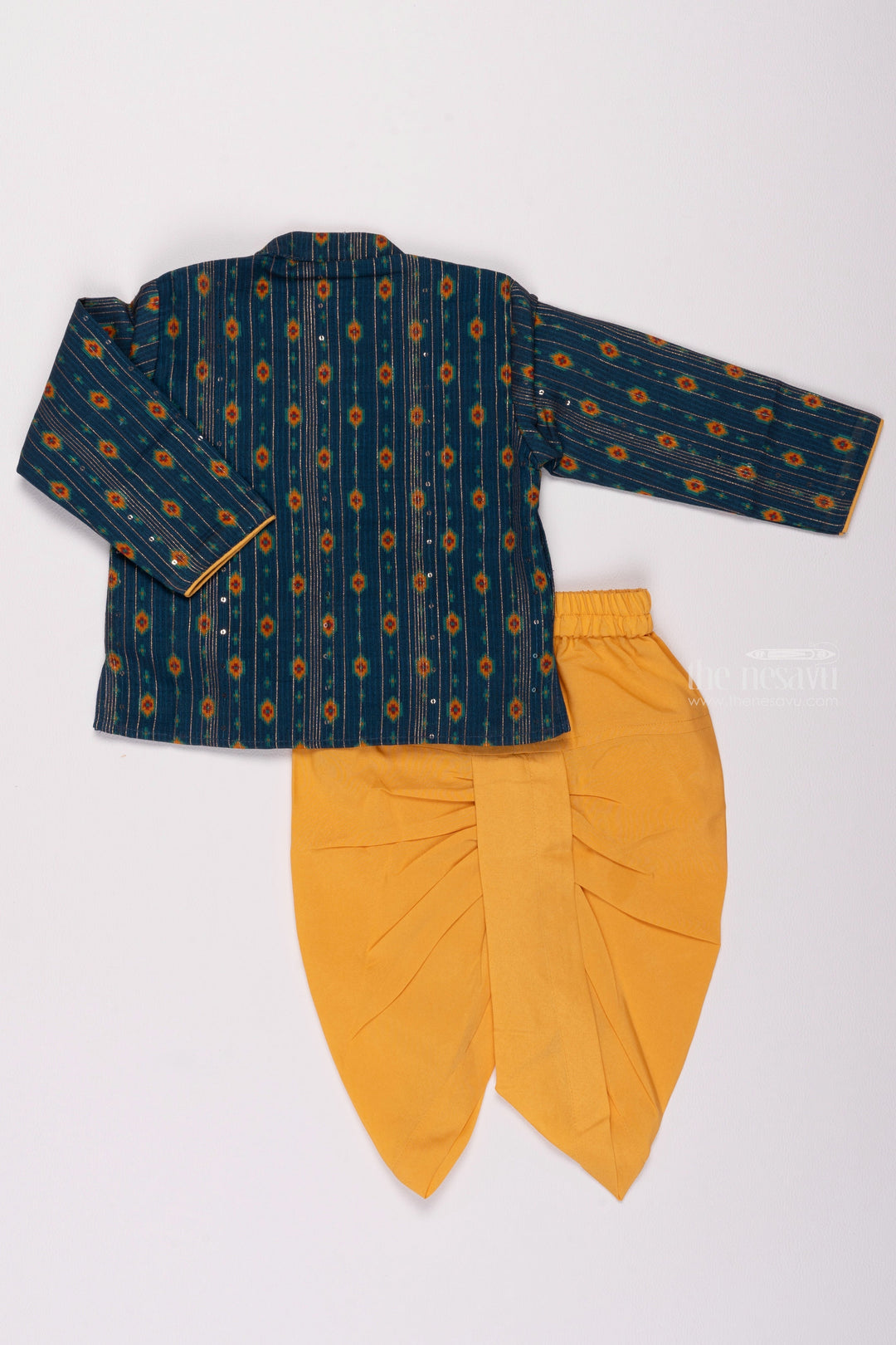 The Nesavu Boys Dothi Set Lustrous Blue Kurta: Embellished with Lurex Zari and Sequin Paired with Yellow Panchagajam Dothi Nesavu Designer Boys Ethnic Outfit | Boys Ethnic Kurta and Panchagajam Set | The Nesavu