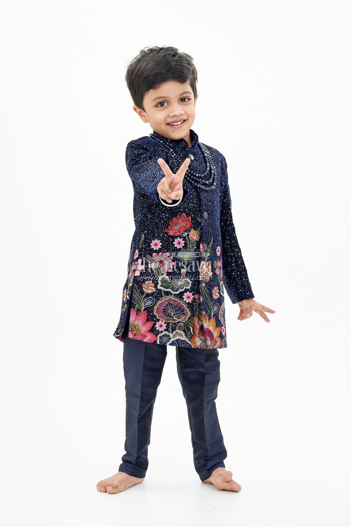 The Nesavu Boys Sherwani Luxurious Boys Sherwani Set with Velvet Designer Embroidery and Classic Black Pants Nesavu 16 (1Y) / Blue BES649A-16 Luxurious Boys Sherwani Set Velvet Designer Embroidery Classic Black Pants | The Nesavu