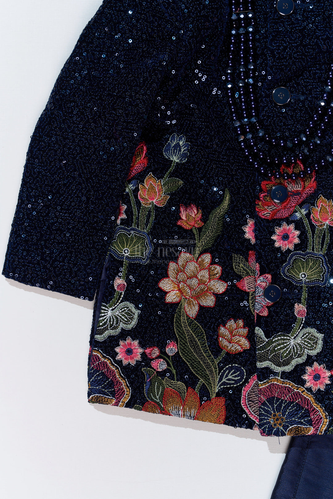 The Nesavu Boys Sherwani Luxurious Boys Sherwani Set with Velvet Designer Embroidery and Classic Black Pants Nesavu Luxurious Boys Sherwani Set Velvet Designer Embroidery Classic Black Pants | The Nesavu