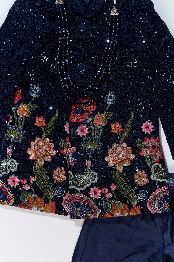 The Nesavu Boys Sherwani Luxurious Boys Sherwani Set with Velvet Designer Embroidery and Classic Black Pants Nesavu Luxurious Boys Sherwani Set Velvet Designer Embroidery Classic Black Pants | The Nesavu