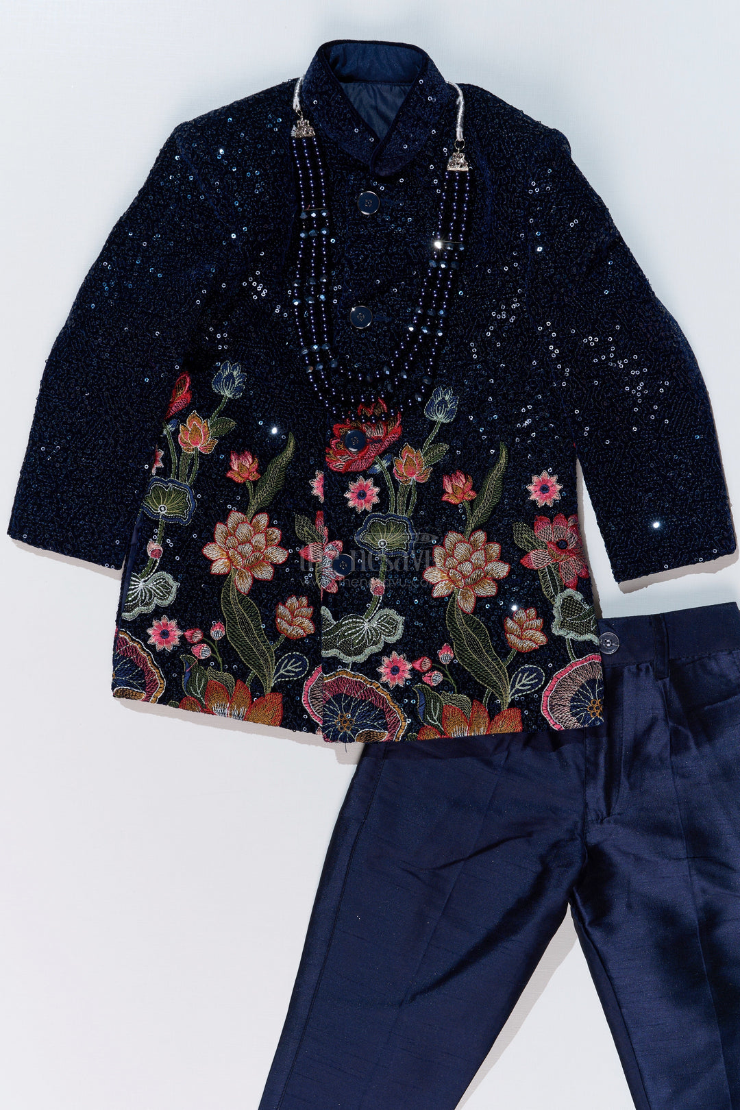 The Nesavu Boys Sherwani Luxurious Boys Sherwani Set with Velvet Designer Embroidery and Classic Black Pants Nesavu Luxurious Boys Sherwani Set Velvet Designer Embroidery Classic Black Pants | The Nesavu