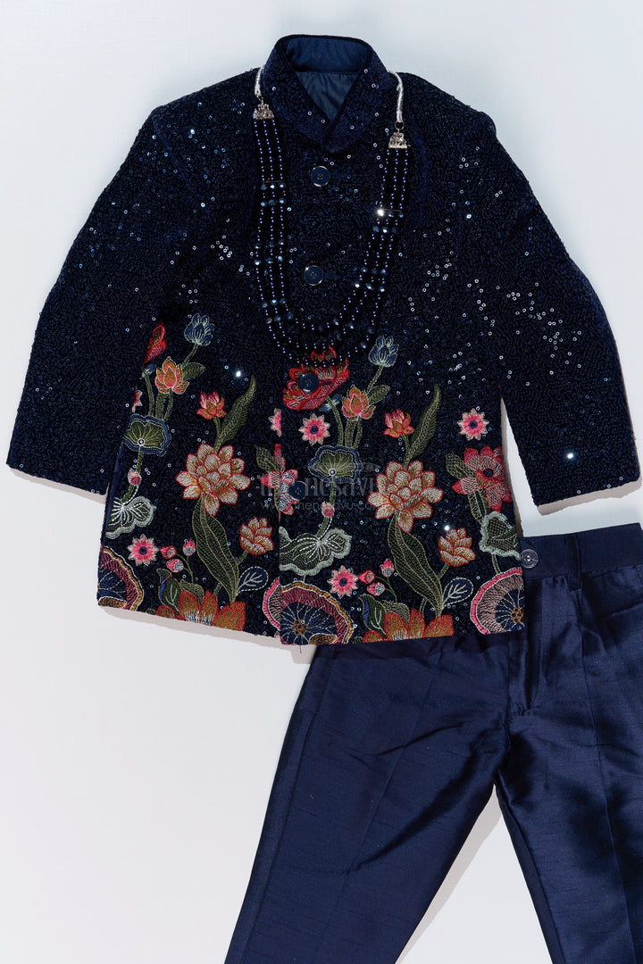 The Nesavu Boys Sherwani Luxurious Boys Sherwani Set with Velvet Designer Embroidery and Classic Black Pants Nesavu Luxurious Boys Sherwani Set Velvet Designer Embroidery Classic Black Pants | The Nesavu