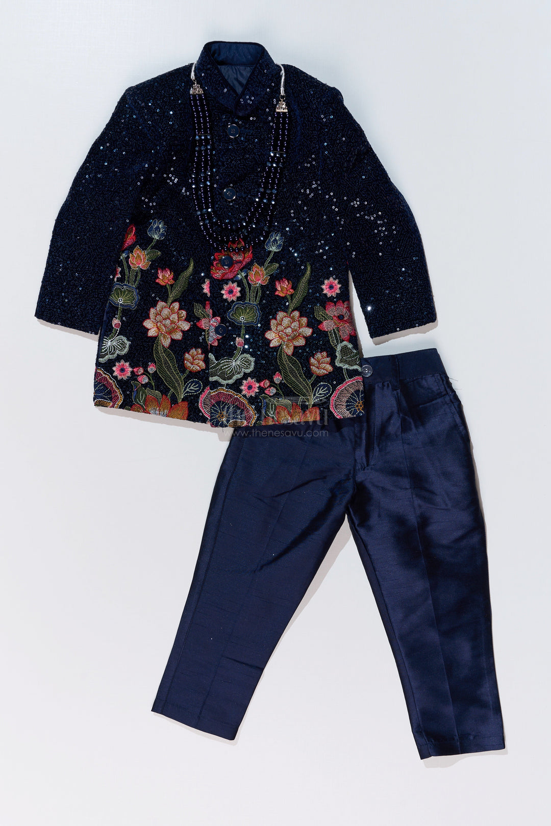 The Nesavu Boys Sherwani Luxurious Boys Sherwani Set with Velvet Designer Embroidery and Classic Black Pants Nesavu Luxurious Boys Sherwani Set Velvet Designer Embroidery Classic Black Pants | The Nesavu