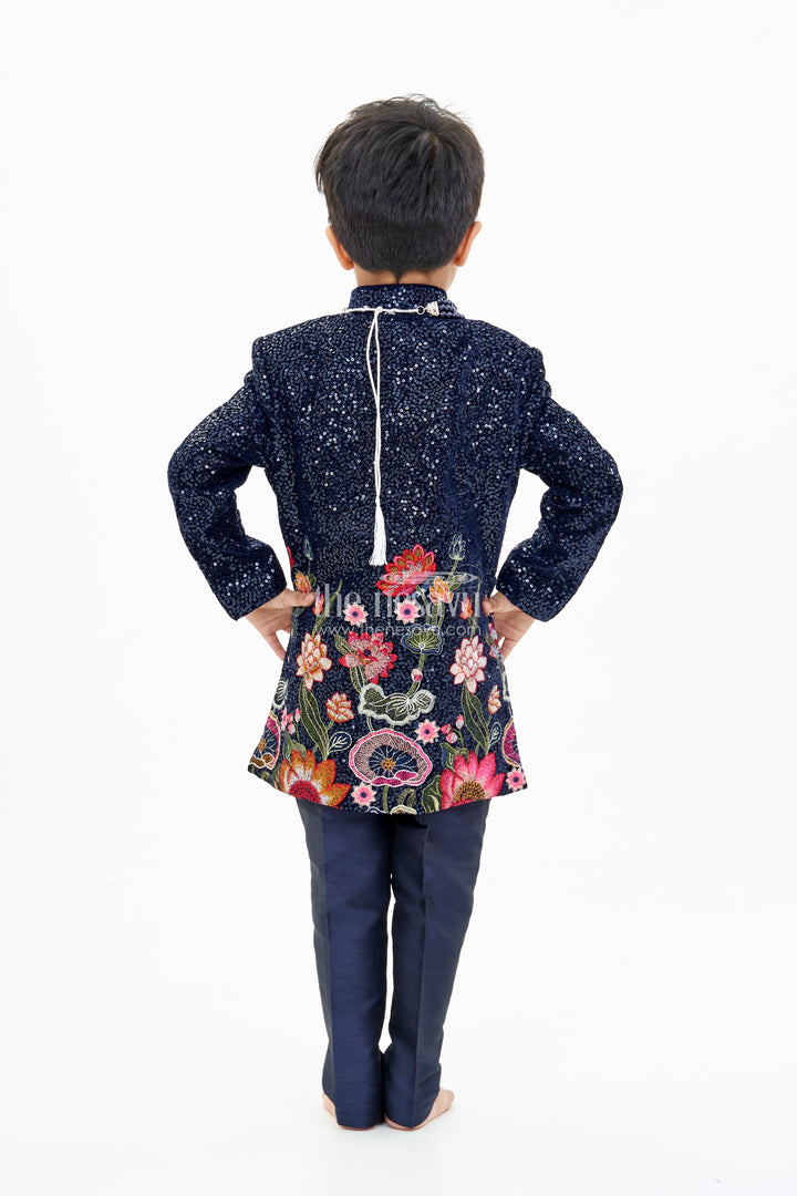 The Nesavu Boys Sherwani Luxurious Boys Sherwani Set with Velvet Designer Embroidery and Classic Black Pants Nesavu Luxurious Boys Sherwani Set Velvet Designer Embroidery Classic Black Pants | The Nesavu