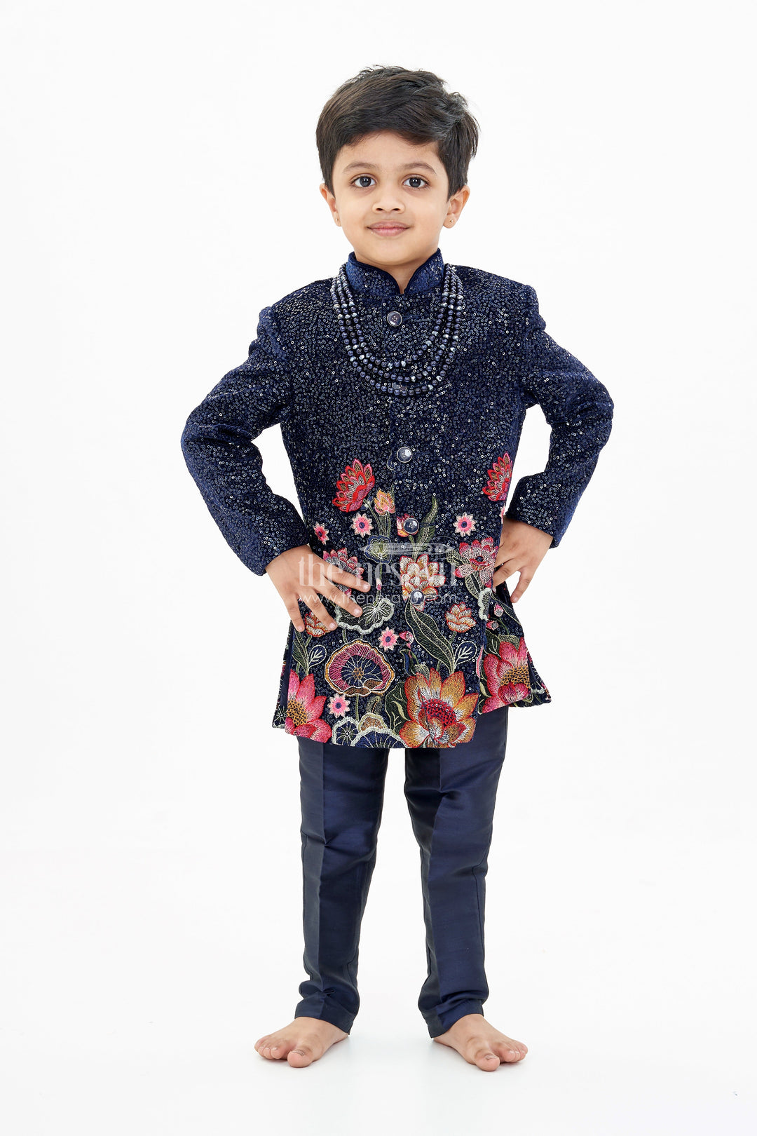The Nesavu Boys Sherwani Luxurious Boys Sherwani Set with Velvet Designer Embroidery and Classic Black Pants Nesavu Luxurious Boys Sherwani Set Velvet Designer Embroidery Classic Black Pants | The Nesavu
