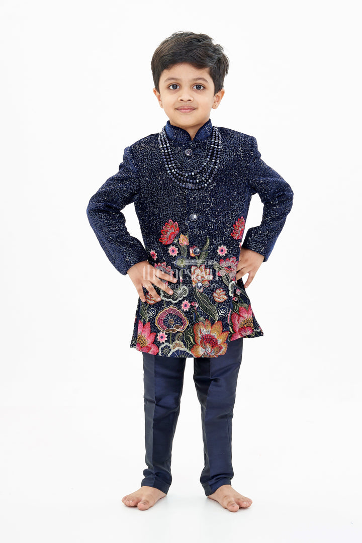 The Nesavu Boys Sherwani Luxurious Boys Sherwani Set with Velvet Designer Embroidery and Classic Black Pants Nesavu Luxurious Boys Sherwani Set Velvet Designer Embroidery Classic Black Pants | The Nesavu