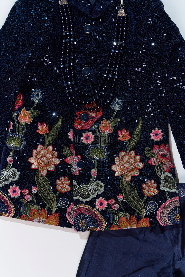 The Nesavu Boys Sherwani Luxurious Boys Sherwani Set with Velvet Designer Embroidery and Classic Black Pants Nesavu Nesavu Luxurious Boys Sherwani Set Velvet Designer Embroidery Classic Black Pants