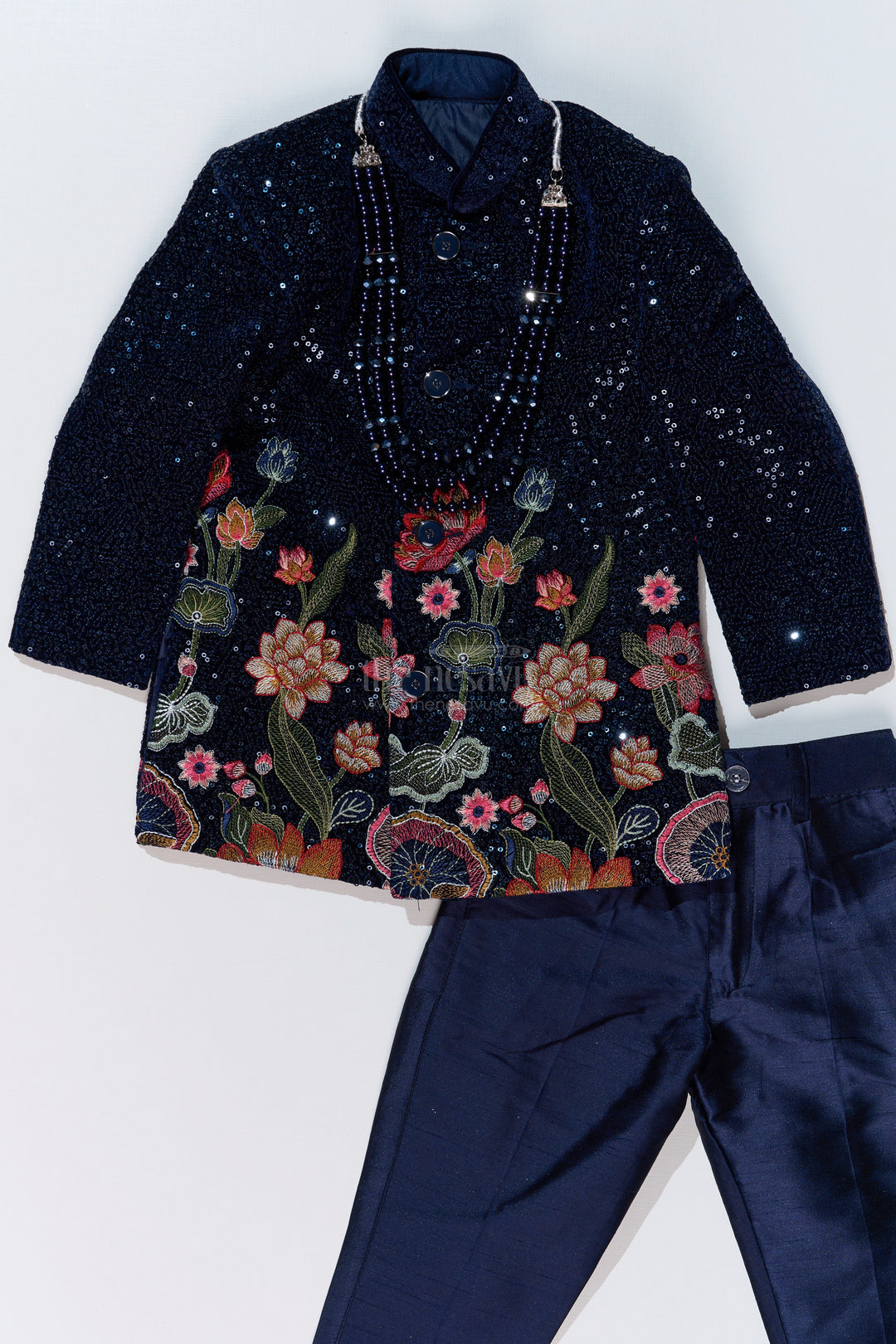 The Nesavu Boys Sherwani Luxurious Boys Sherwani Set with Velvet Designer Embroidery and Classic Black Pants Nesavu Nesavu Luxurious Boys Sherwani Set Velvet Designer Embroidery Classic Black Pants