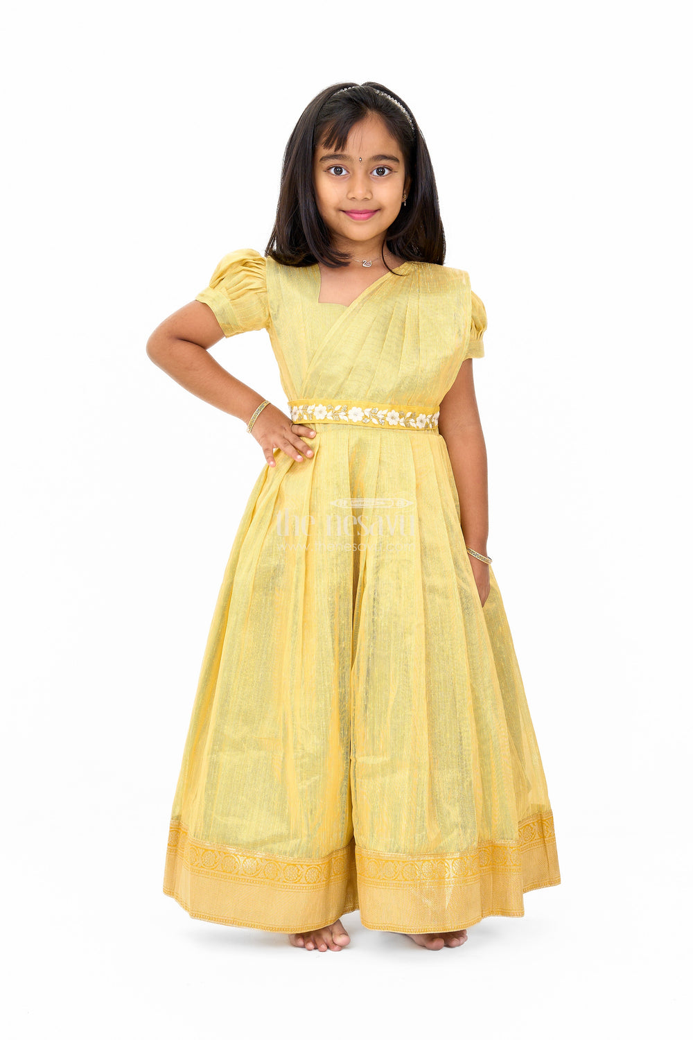 The Nesavu Girls Silk Gown Luxurious Diwali Gown for Women in Gold Tissue Fabric with Floral Embroidery Nesavu Nesavu Luxurious Diwali Gown Women Gold Tissue Floral Embroidery  Perfect Festive Celebrations Weddings
