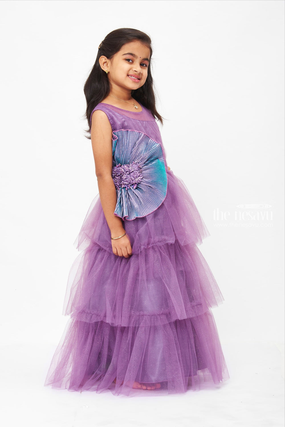 The Nesavu Girls Party Gown Luxurious Twilight Purple Party Gown with Embellished Pleated Fan Detail Nesavu Twilight Purple Party Gown | Embellished Pleated Evening Dress Online | The Nesavu