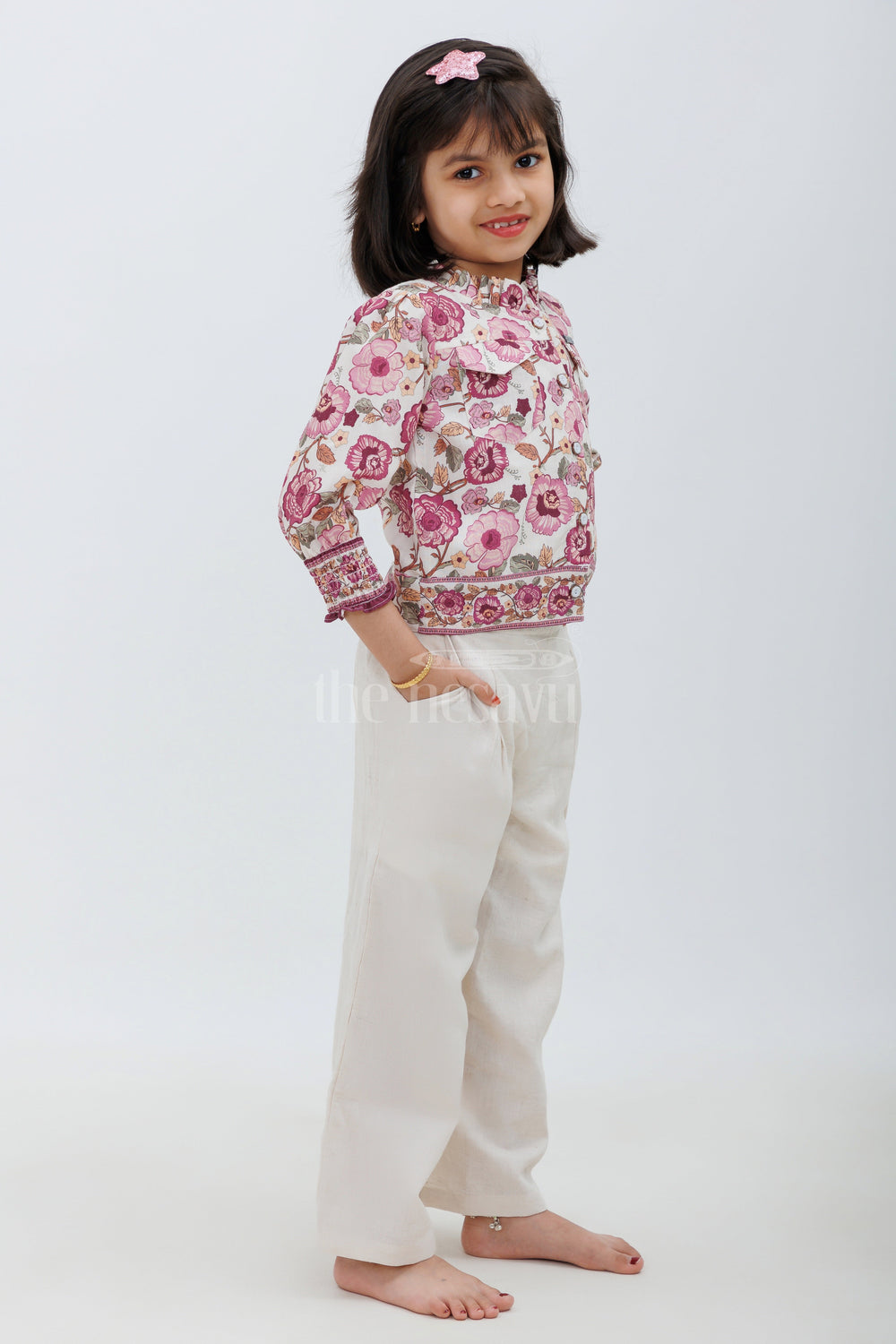 The Nesavu Girls Sharara / Plazo Set Magenta and Cream Floral Slub Cotton Sharara Set for Girls Nesavu Magenta and Cream Floral Slub Cotton Sharara Set for Girls - Nesavu