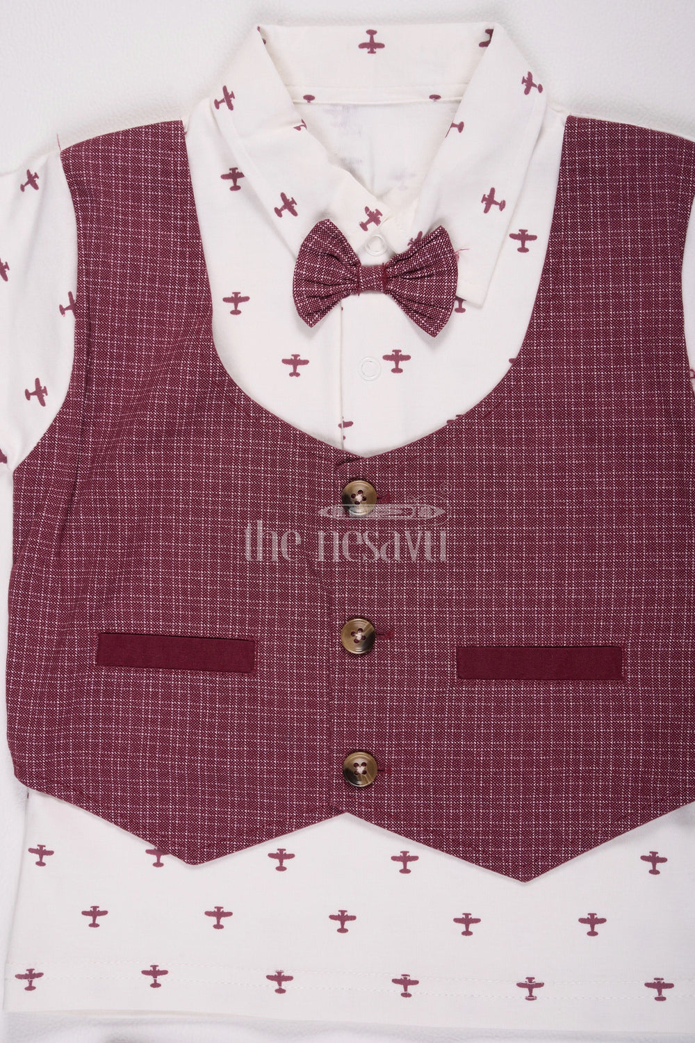 The Nesavu Boys Casual Set Magenta Boys Waistcoat Set with Checked Shorts Nesavu Magenta Boys' Waistcoat Set with Checked Shorts - Nesavu