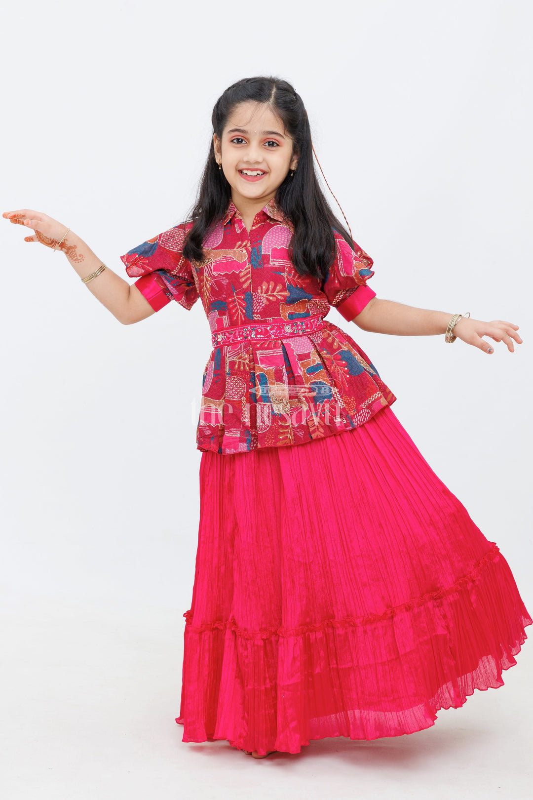 The Nesavu Girls Party Gown Magenta Chinon Silk Printed TwoPiece Look Party Gown for Girls Nesavu 24 (5Y) / Magenta GA251A-24 Magenta Chinon Silk Printed Two-Piece Look Party Gown for Girls Nesavu