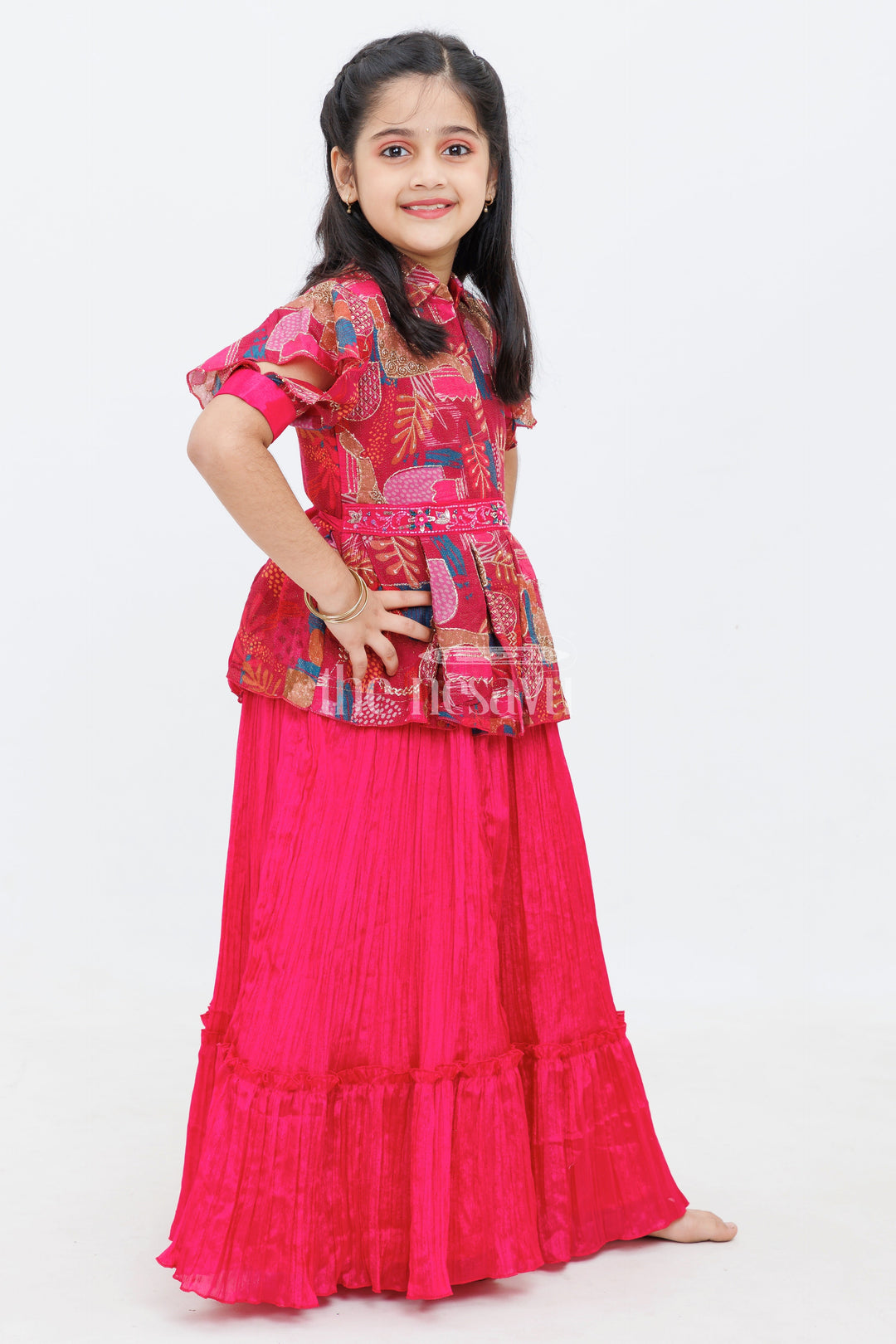 The Nesavu Girls Party Gown Magenta Chinon Silk Printed TwoPiece Look Party Gown for Girls Nesavu Magenta Chinon Silk Printed Two-Piece Look Party Gown for Girls Nesavu