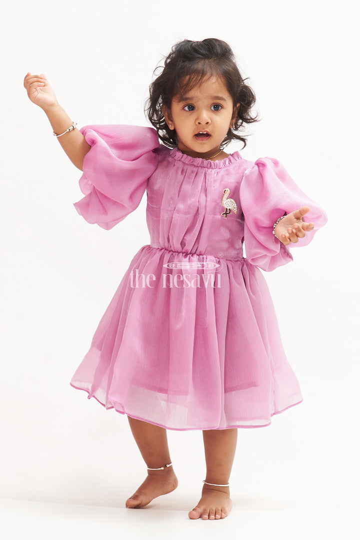 The Nesavu Girls Fancy Party Frock Magenta Glaze Organza Frock with Balloon Sleeves and Flamingo Embroidery Nesavu 16 (1Y) / multicolor PF186C-16