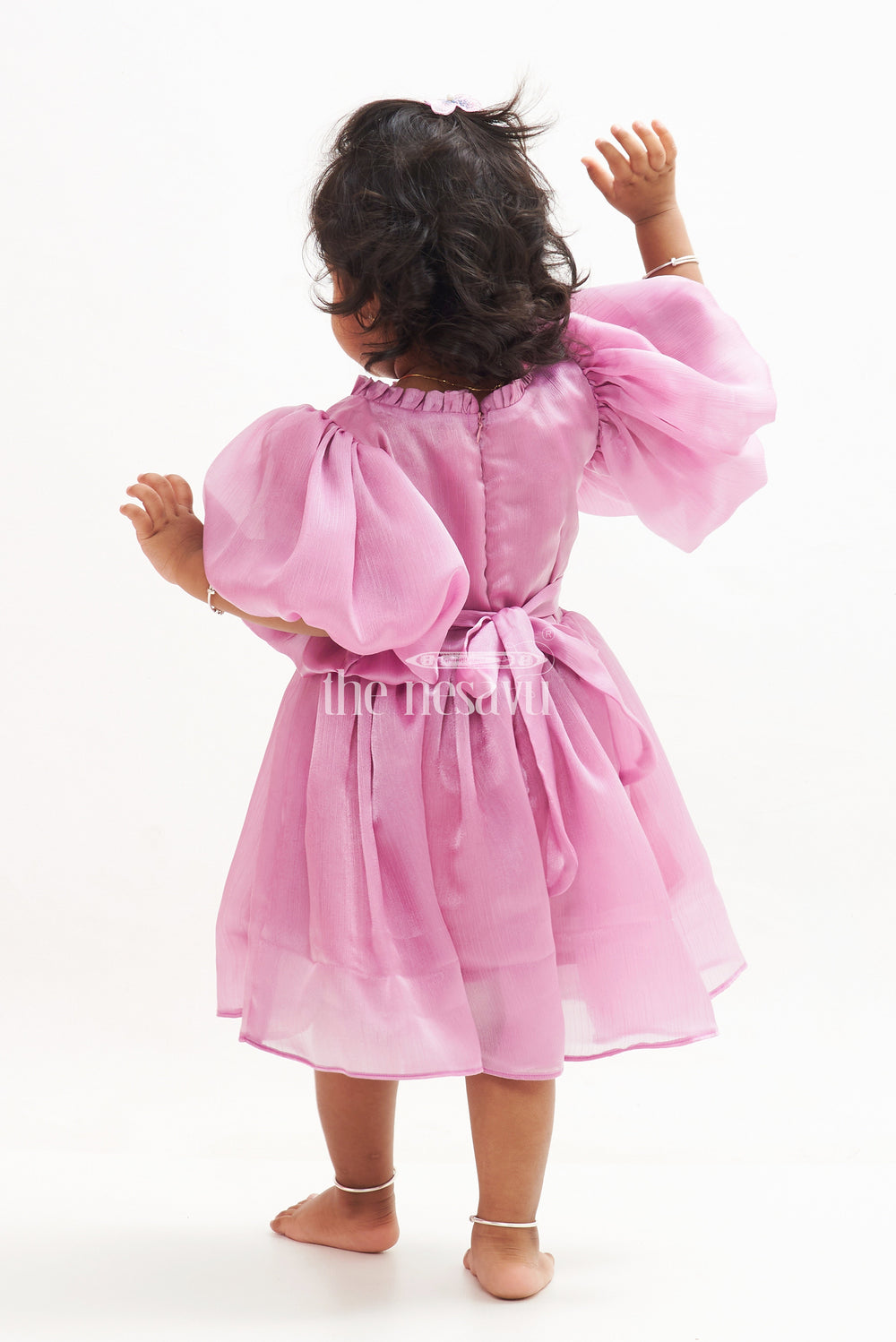 The Nesavu Girls Fancy Party Frock Magenta Glaze Organza Frock with Balloon Sleeves and Flamingo Embroidery Nesavu