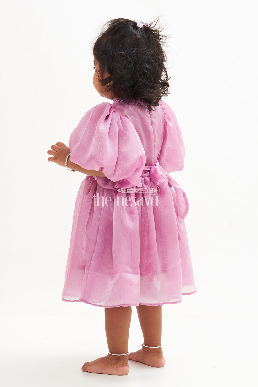 The Nesavu Girls Fancy Party Frock Magenta Glaze Organza Frock with Balloon Sleeves and Flamingo Embroidery Nesavu