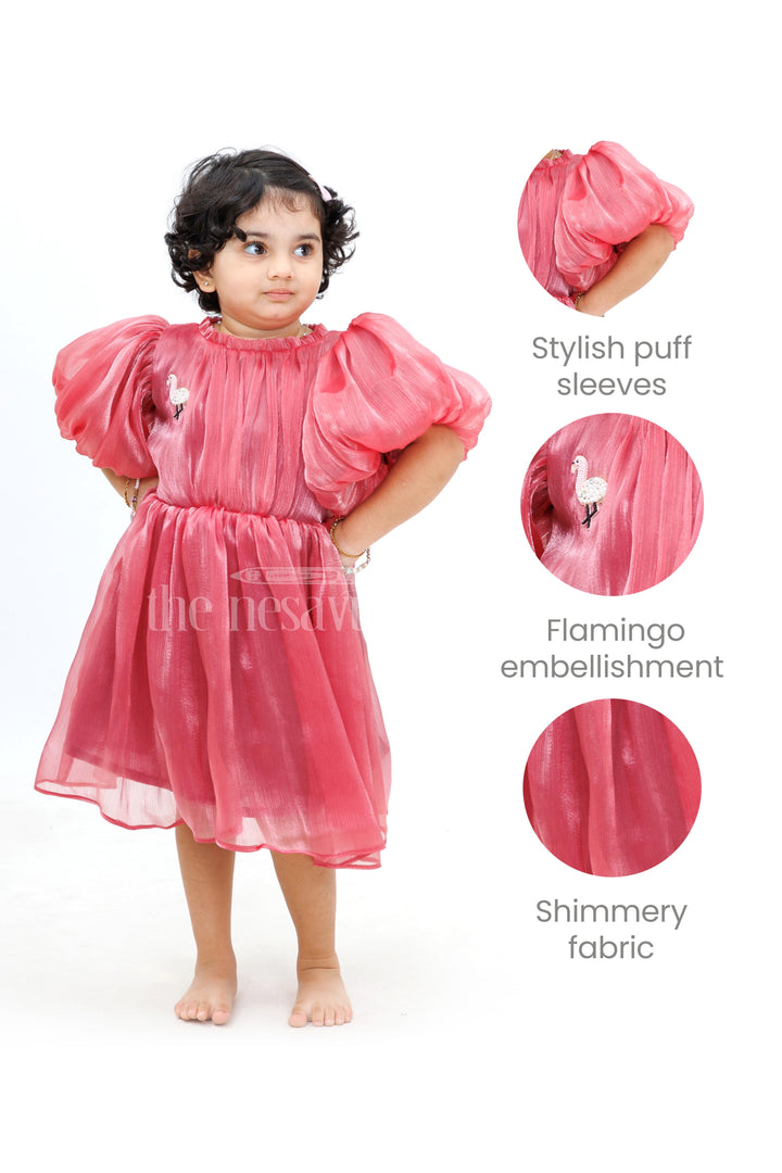 The Nesavu Girls Fancy Party Frock Magenta Glaze Organza Frock with Balloon Sleeves and Flamingo Embroidery Nesavu