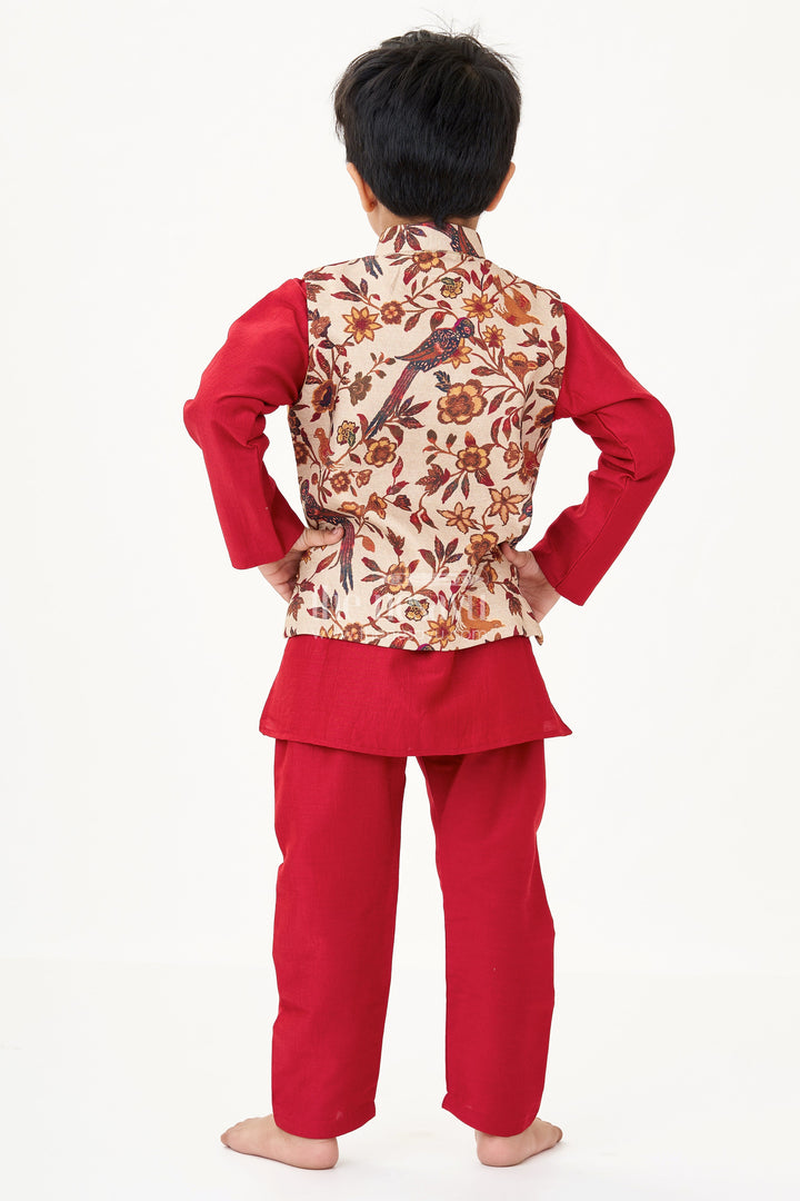 The Nesavu Boys Kurtha Set Magenta Kurta Set for Boys with Silk Blend Digital Print Jacket and Matching Pant Nesavu Magenta Kurta Boys Silk Blend Printed Jacket Traditional Pant Set | The Nesavu